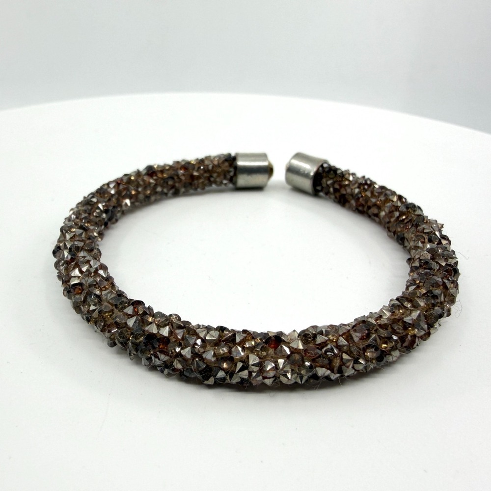 Sparkly Crystal Tube Bracelet Dark Bronze Tone Cuff Statement Layering Boho Chic